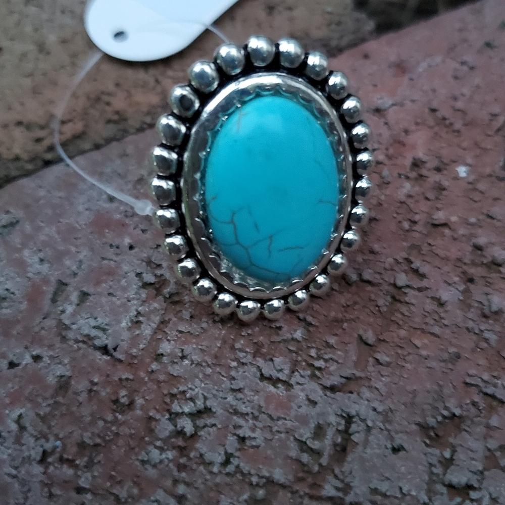 Free Spirit Boho Native South Western People Faux Turquoise Oval Beaded Ring nwt - Picture 15 of 15